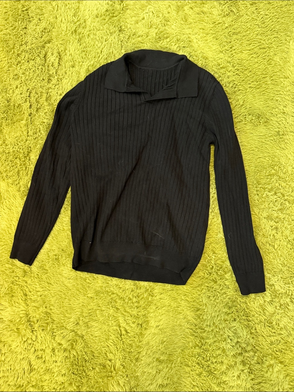Men's Black Ribbed V-Neck Collared Sweater